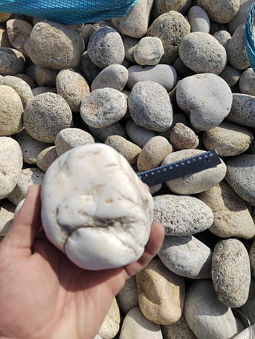 Kamenclub.ru: Галька речная окат (серо-белая) фр. 70-120 мм купить  в Волжском галька галечник бело-серая, серо-белая, серая, белая речная природная галька  8000 руб/т   фото КАМЕНЬ КЛУБ