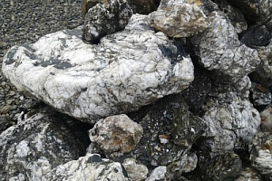 Kamenclub.ru: Черный гранит - кварцит фр. 100-500 мм.  купить в Волжском мрамор гранит черный с белыми прожилками, серый, белый валун скальный колотый 7000 руб/т   фото КАМЕНЬ КЛУБ