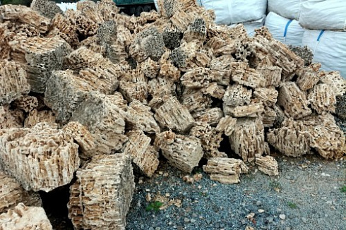 Kamenclub.ru: Крымский природный меотис фр. 100-500 мм.  купить в Волжском меотис бежевый рыжий молочный желтый ракушечник 4 500 руб/т   фото КАМЕНЬ КЛУБ