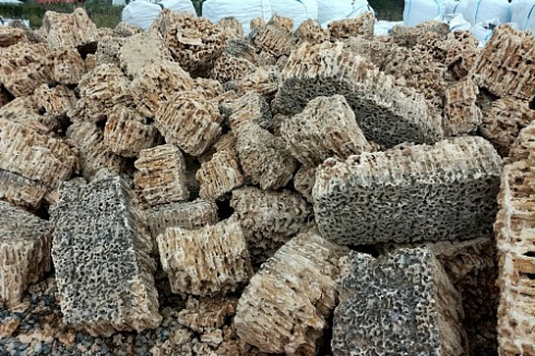 Kamenclub.ru: Крымский природный меотис фр. 100-500 мм.  купить в Волжском меотис бежевый рыжий молочный желтый ракушечник 4 500 руб/т   фото КАМЕНЬ КЛУБ